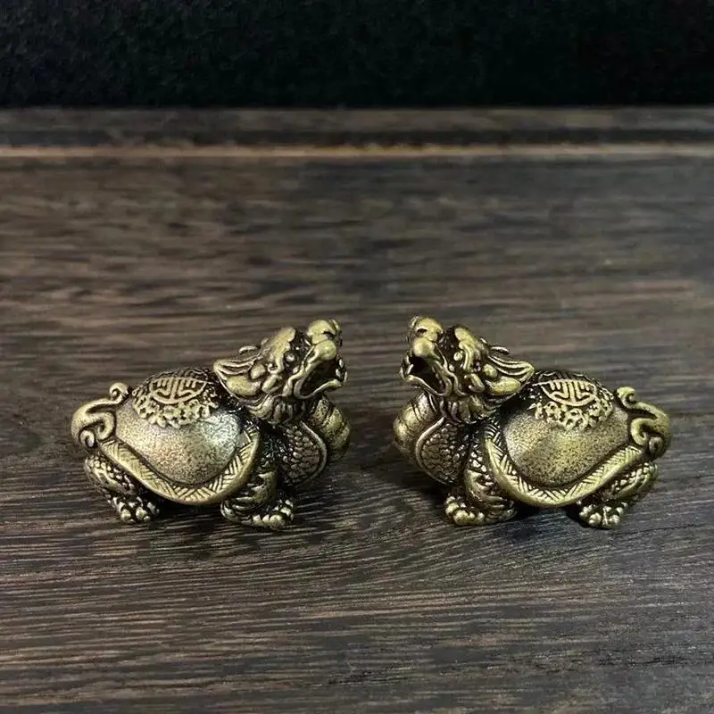 Lucky Animal Statue Desktop Ornament Decors Retro Brass Mythical Beast Dragon Head Turtle Body Figurines Miniatures Heavy Copper