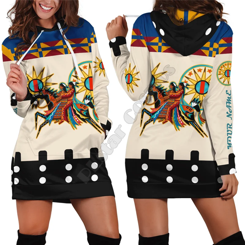 3D printed Native Horse Ledger Art War Woman And Horse Customized Hoodie Dress Harajuku Streetwear Pullover Unique Woman