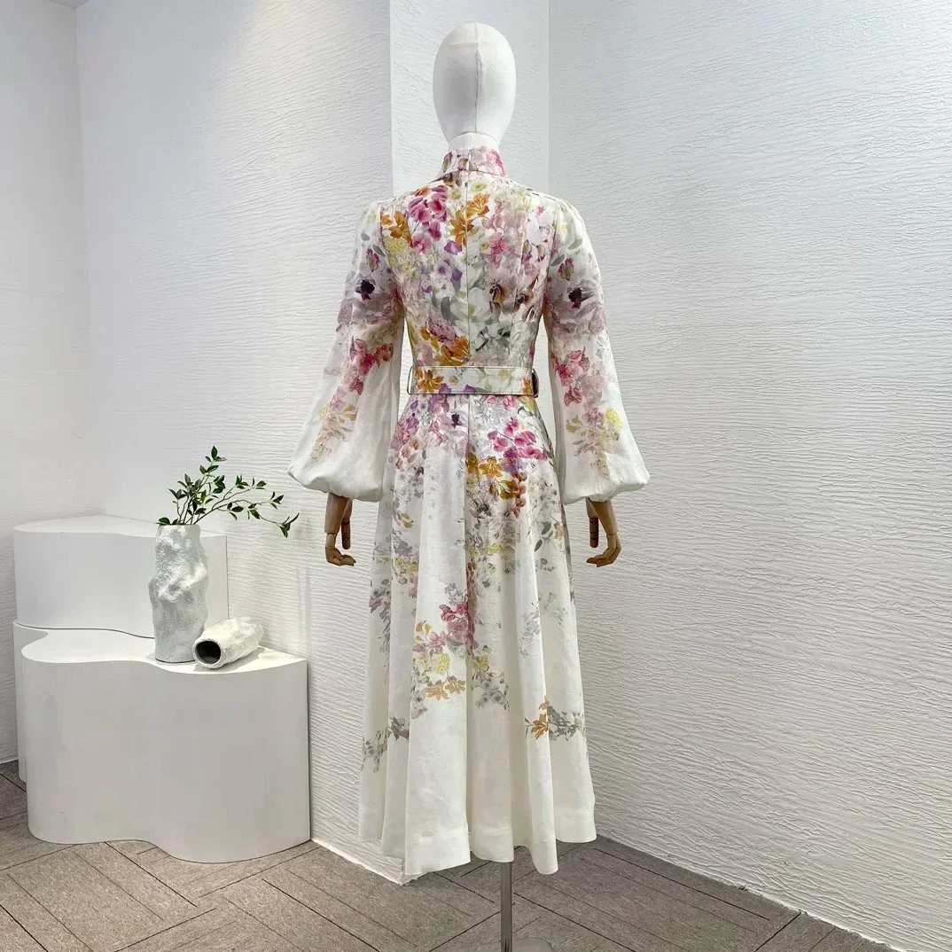 

2024 New Spring Summer High Quality Vintage White Floral Print 3/4 Lantern Sleeve Stand Collar Midi Dress Vintage Dress