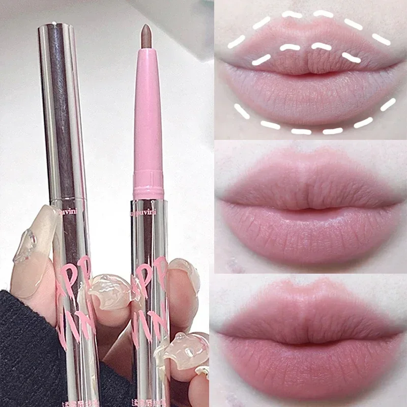 

Smooth Matte Pink Lipliner Pen Lipstick Pencil Long Lasting Non-stick Cup Non-fading Color Silver Tube Lip Contouring Makeup Pen