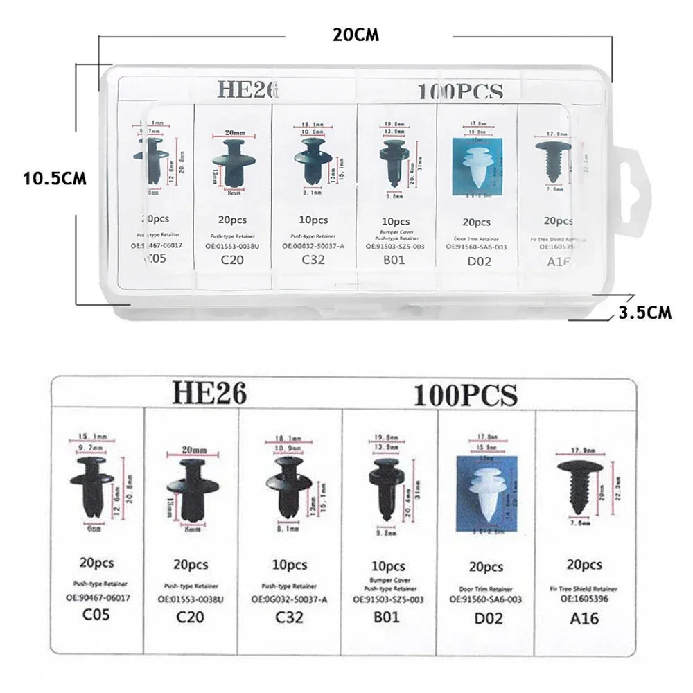 100Pcs 자동차 클립 6 크기 자동 인테리어 플라스틱 범퍼 클립 리벳 패스너 푸시 유형 핀 리테이너 트림 키트 (패스너 리무버 포함)