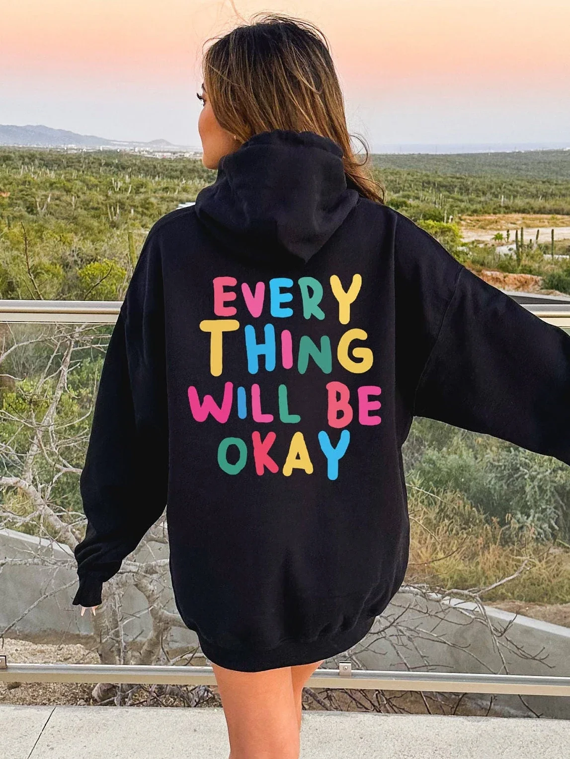 

Autumn Casual Female Hoodie Everything Will Be Okay Letter Printed Loose Pocket Hoody Comfortable Sweatshirt Fashion Clothes