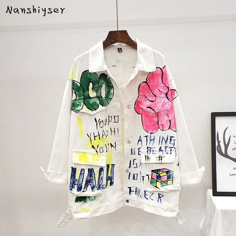

2024 Autumn Streetwear Women White Denim Jacket Fashion Graffiti Print Long Sleeve Jeans Jacket Female Loose Hip Hop Jeans Coat