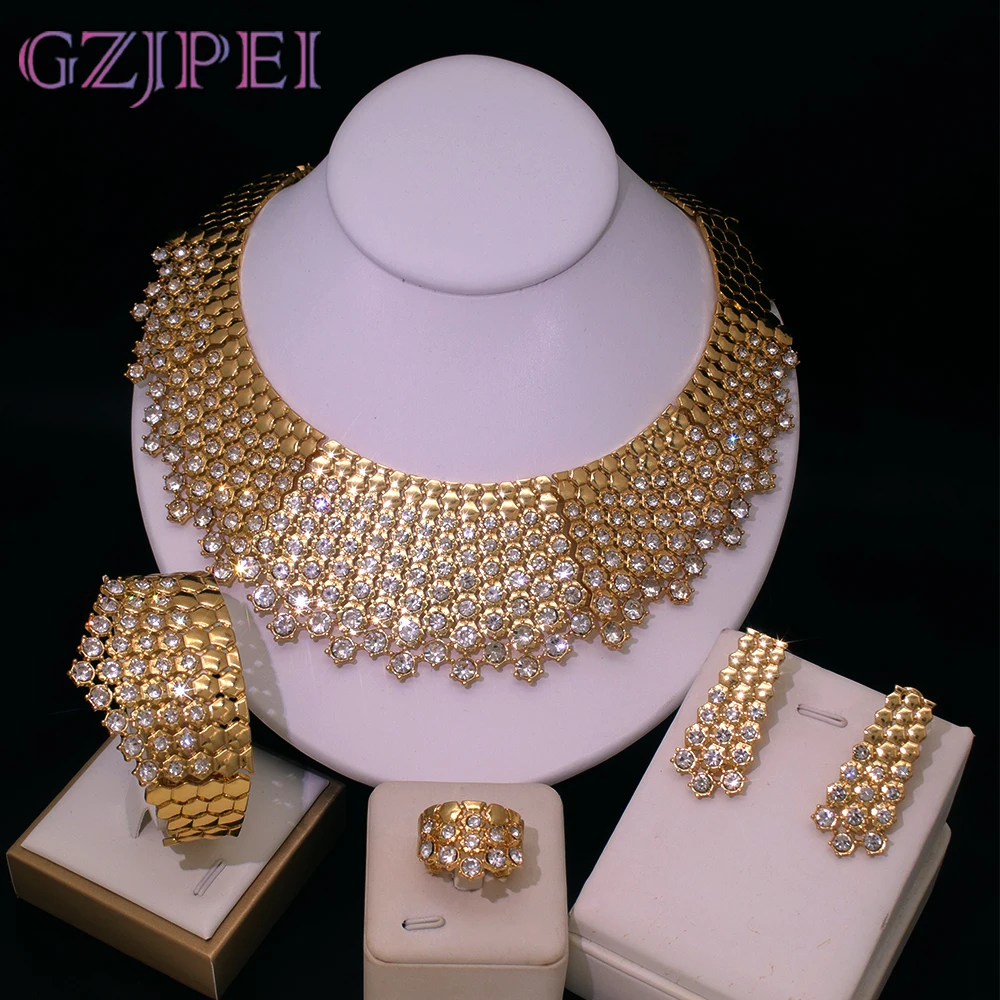 Conjunto de joyas de circonita blanca brillante GZJPEI para mujer, joyería de boda italiana y nigeriana, chapado en oro de 18 quilates, regalo para el Día de la Madre en oferta. ﻿