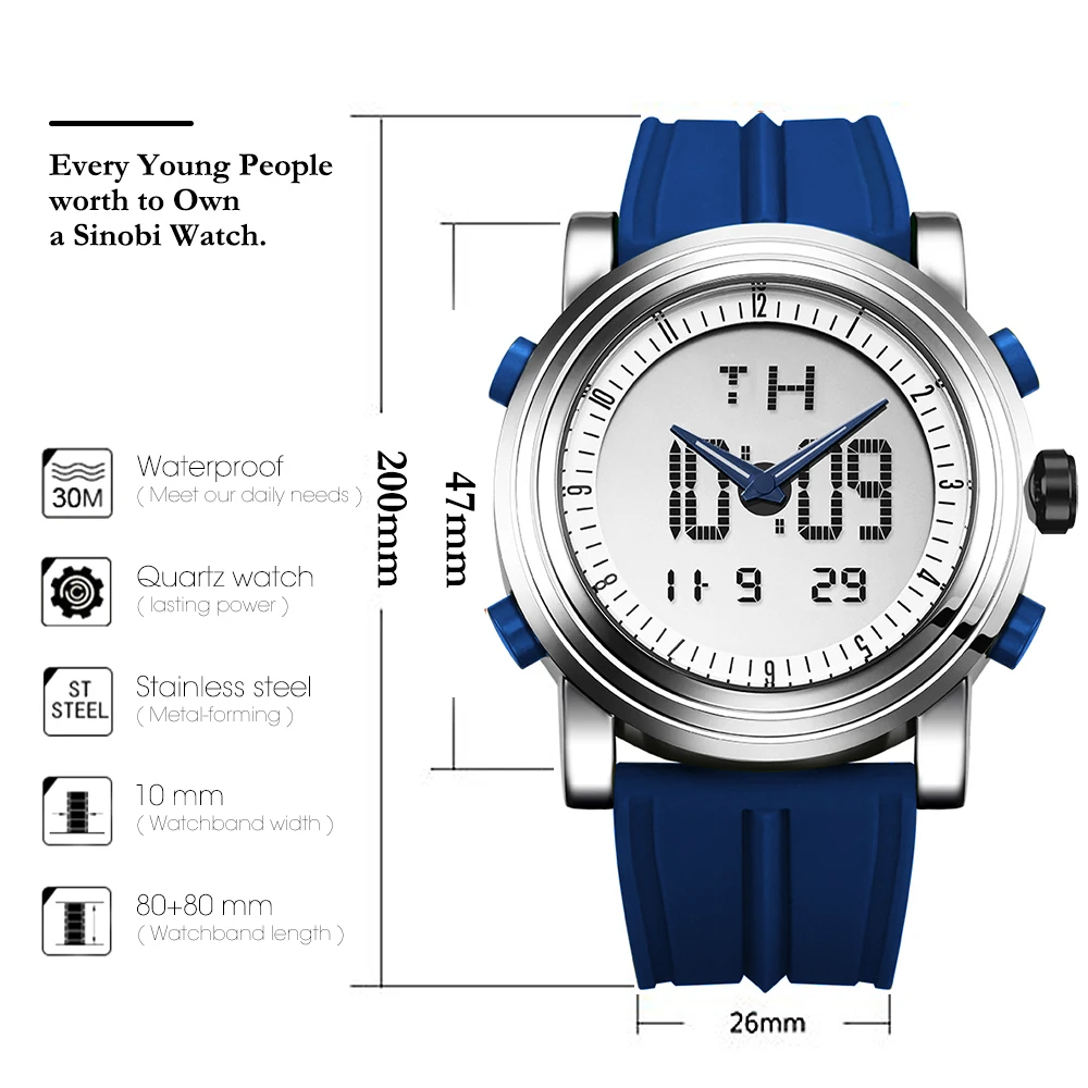 SINOBI Digital Sports Watch Men Chronograph Men's Wrist Watches Waterproof Black Watchband Male Military Geneva Quartz Clock 2