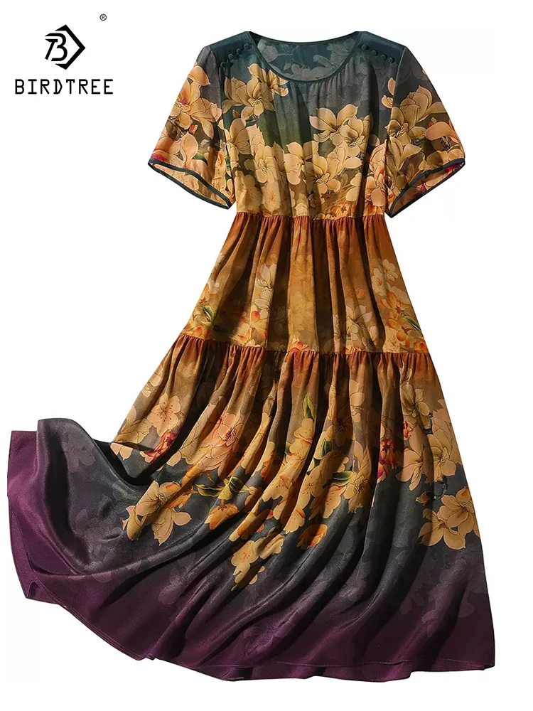 

Birdtree 100%Mulberry Silk Your Lady's Temperament Dress 2023 Autumn New Short Sleeve Printed Loose Fit Elegant Dress D3N123QC