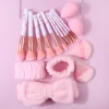 The 17PCS makeup brush set includes a multi-functional makeup set brush, a sponge egg powder puff, and a hair band/wrist strap