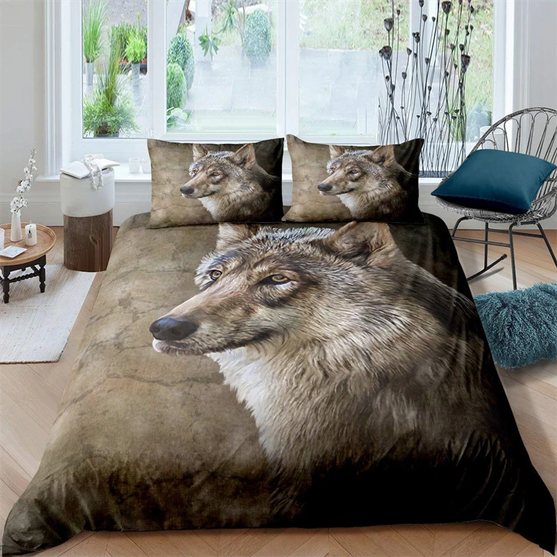 

Wolf Duvet Cover King Size Teen Adult, Canine 3D Animal Comforter Cover Hunter Mammal Quilt Cover with Zipper Closure, Brown