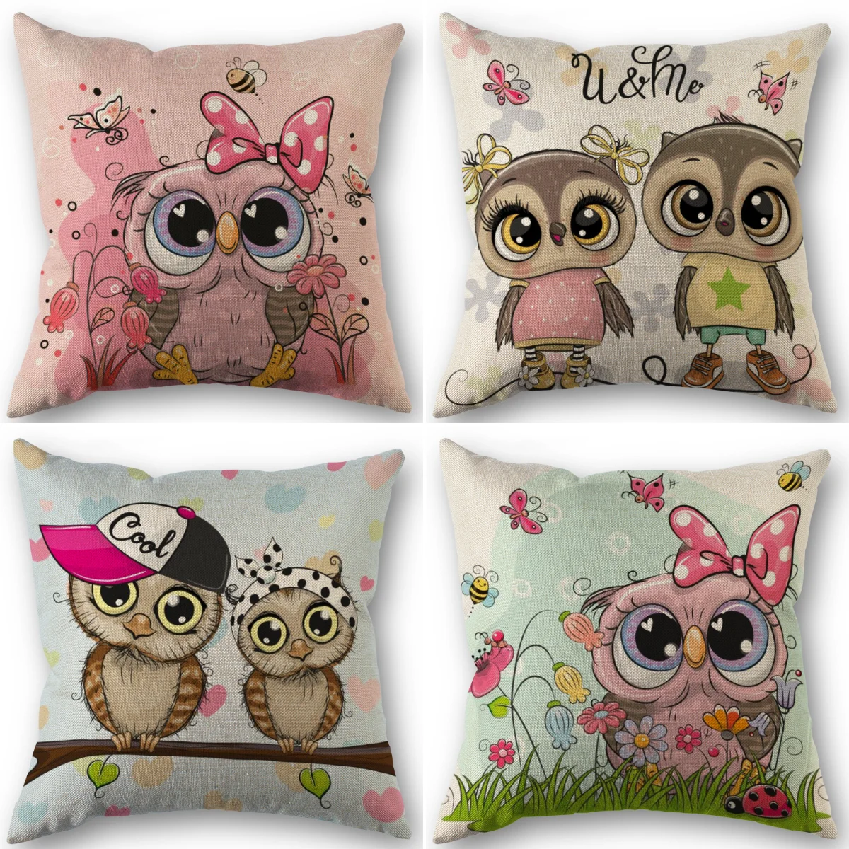 

45X45cm Cartoon Printed Owl Pillow Cover Square Zipper Cotton Linen Fabric Pillow Cases Bedroom Home Decorative Girl Gift 0826