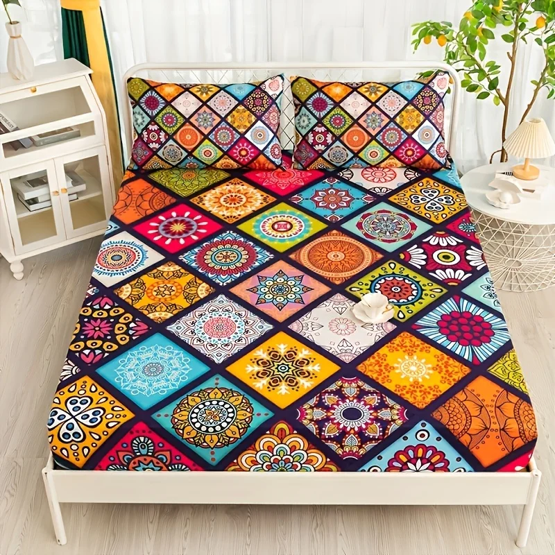 Fashion Bohemian Plaid Printed Fitted Sheet Soft Comfortable Bedding Set For Bedroom Guest Room (1* Fitted Sheet+2*Pillowcases) 5