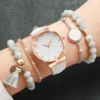5PCS/Set Women's Watch Fashion Arabic Dial Quartz Watches Leather Band Wristwatches Beads Bracelets Set（Without Box） 3