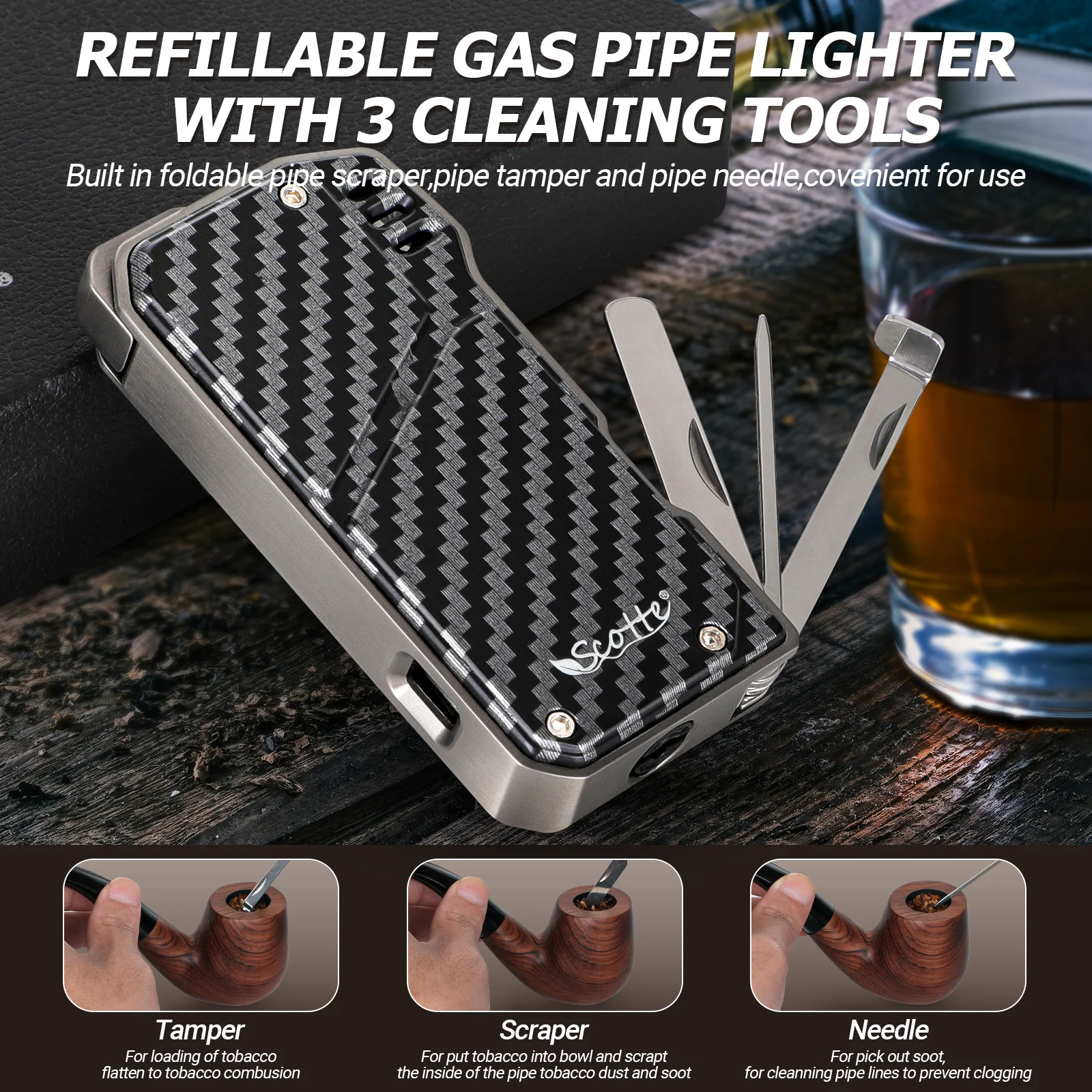 Scotte Cigar Lighter Refillable Butane With 3 Pipe Cleaner Tools