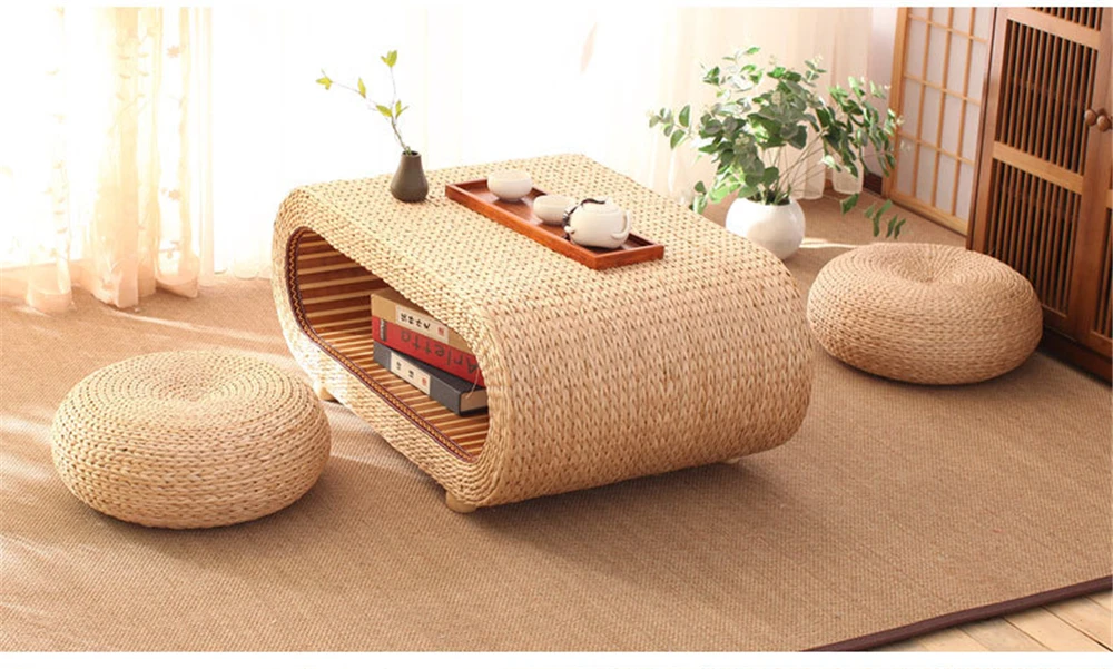 Japanese Style Living Room Coffee Table Handmade Suitable For Sitting On The Ground Rectangular Rattan Straw Coffee Table