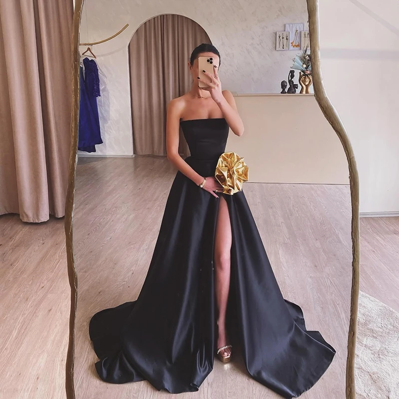 

Thinyfull 2024 Black A-Line Prom Dresses Strapless High Split Evening Dress Party Dress Saudi Arabia Cocktail Gowns Custom Size