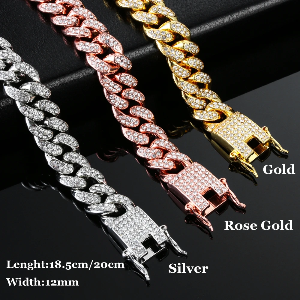 Chain Bracelet HipHop Men Women 13MM Prong Cuban Link Chain Bracelet Bling Iced Out 2 Row Rhinestone Paved Miami Rhombus Cuban Chain Jewelry chain bracelet