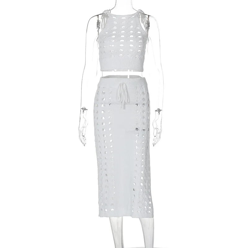 Slim Hollow Out Skirt Suit Knitted For Women Sleeveless Strapless Top Summer New High Waisted Lace Up Split Long Skirt