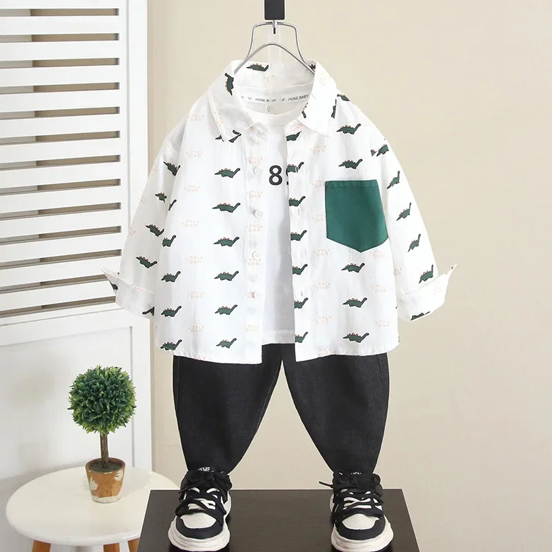Cool Dinosaur Long Sleeve Shirt for Boys Spring Autumn Children's Clothing Dino Print Fashionable Baby Outfit