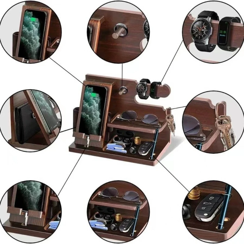 Watch Display Stand Wooden Bedside Wood Phone Docking Station Holder Wallet Stand Watch Storage Rack Valentines Multifunctional