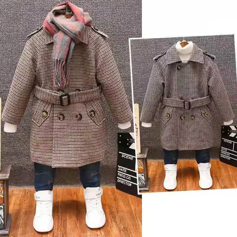 Boy Wool & Blends Woolen Jackets Autumn New Fashion Wave Pattern Solid Turn Collar Belt Kids Children Outerwear & Coats