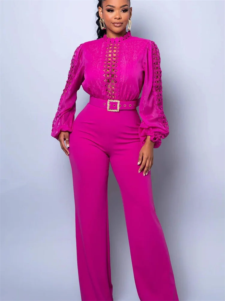 Wmstar Jumpsuit Women Wholesale Elegant and Distinctive Lace Patchwork Lace Up Hollow Out Wide Leg Romper Office Lady with Belt