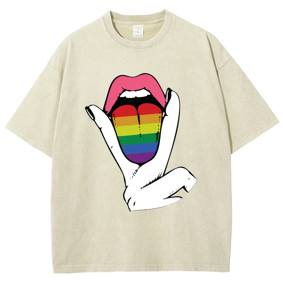 

Funny T-Shirt Rainbow Tongue Scissors Hand Print Shoulder Pullover Washed Denim Loose And Comfortable New Short Sleeves
