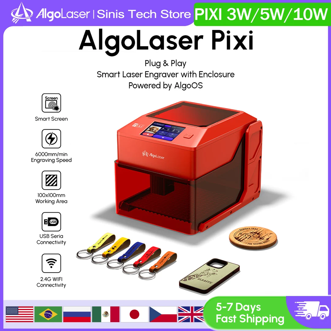 Algolaser PIXI Mini grabador láser portátil 3W 5W 10W DIY máquina Bluetooth Etiqueta de perro pintada papel cuero madera piedra Logo
