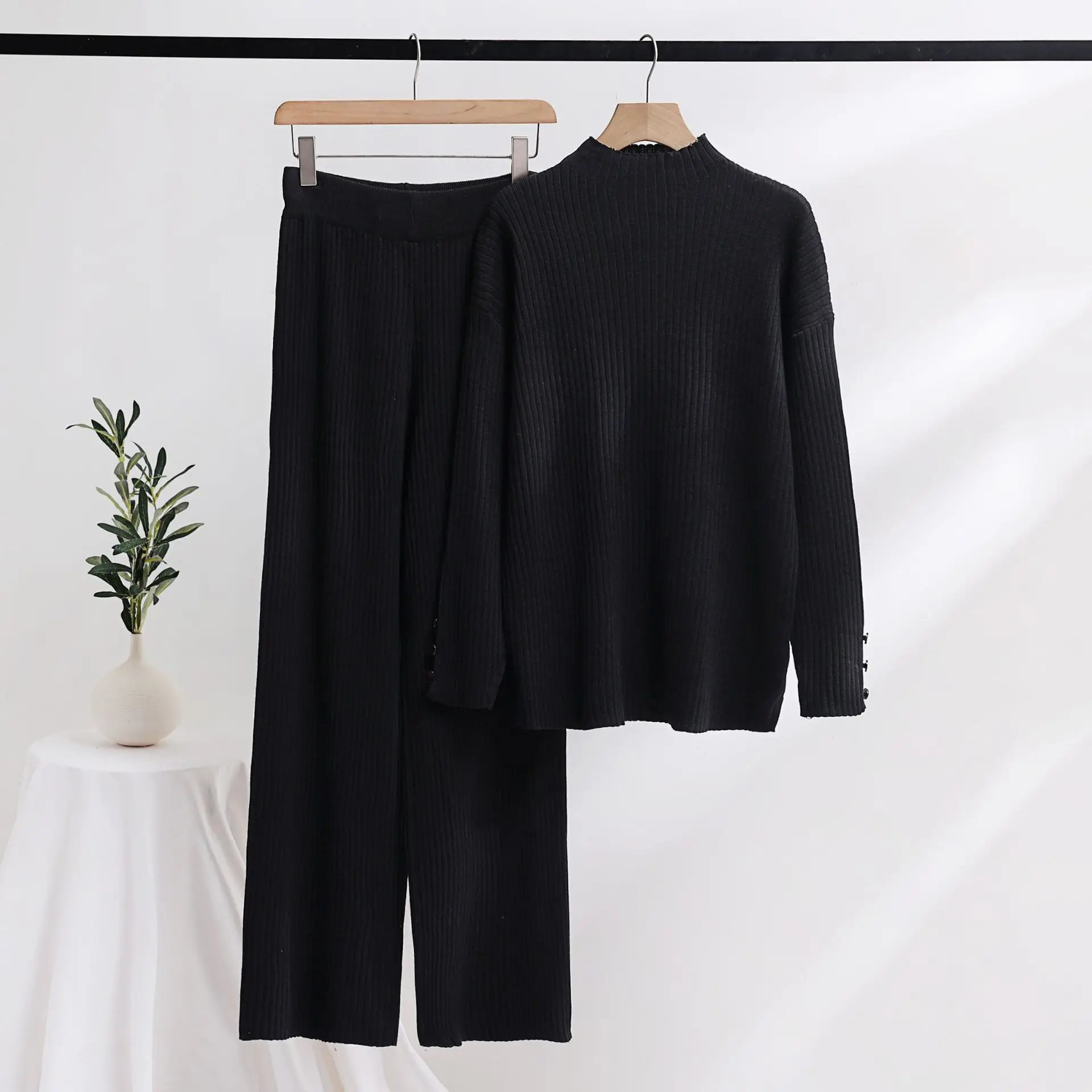 Autumn Winter 2 Pieces Women Sets Loose LargeSize Solid Color Knitted Tracksuit Turtleneck Sweater+ Straight Jogging Pants Suits