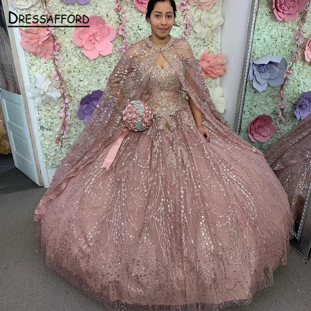 

Pink Crystal Quinceanera Dresses Appliques Open Back Ball Gown Detachable Cape Sweetheart Sleeveless Vestido De 15 16 Anos