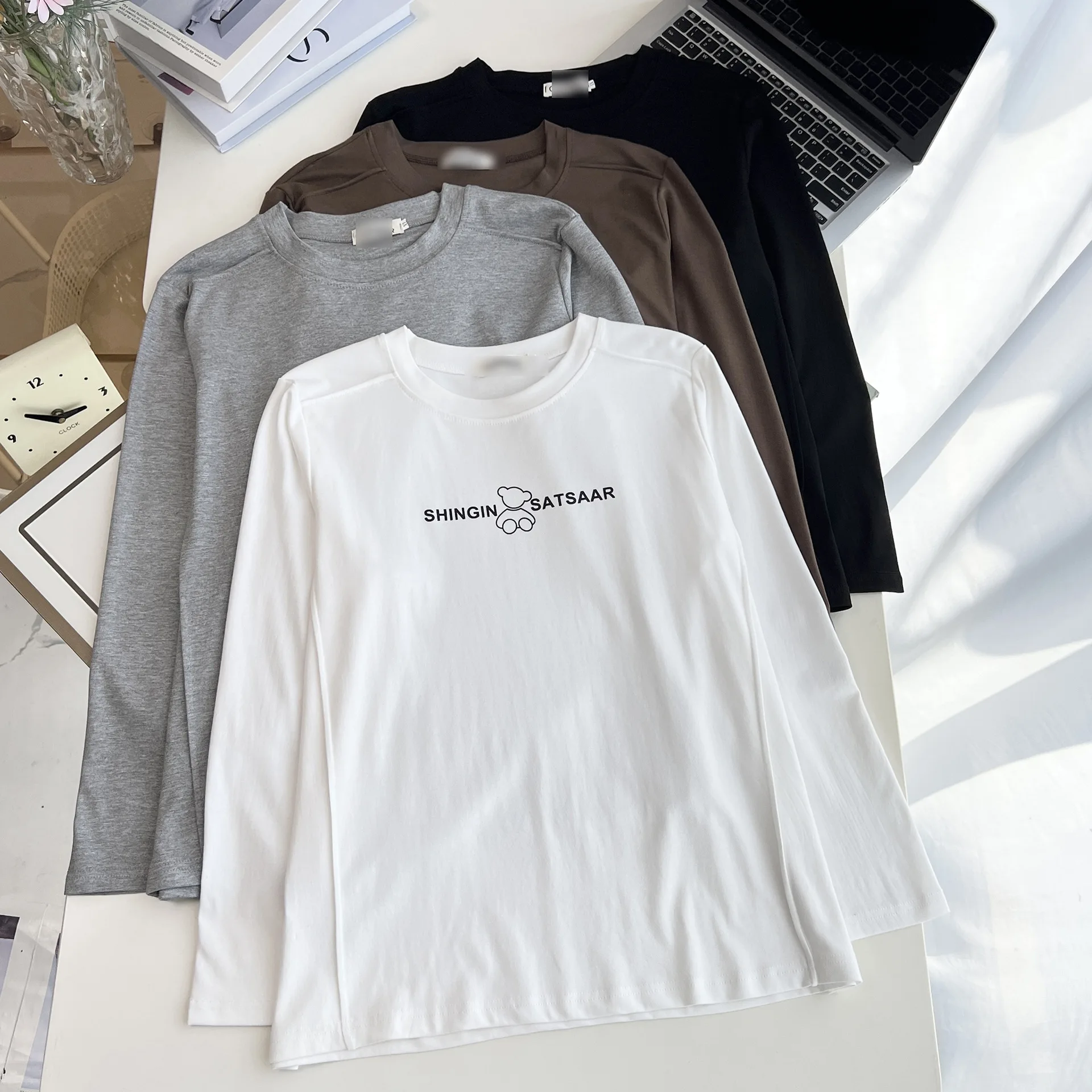 XXXXL Fashion Plus Size Women's T-Shirt Autumn Simple three-dimensional Cut Printed Letter Bear Long Sleeved Base Tops 048