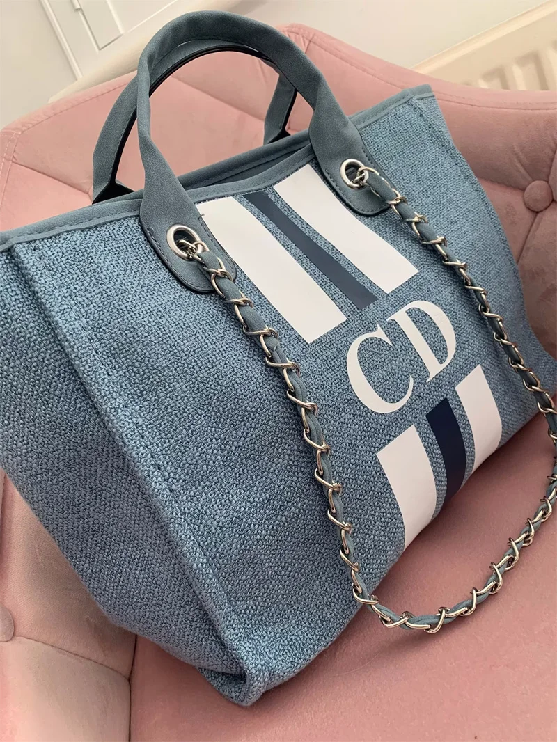 Monogram Tote Bag Canvas Customised Blue White Navy Chain Handbag Personalised Stripe Initials Beach Holiday Stripe Initials