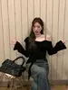 Bla-oulder Long-Sve T-irt Women's Slimming Design Sensation oulder Bared Strap Top Korean Sle Casual Wear