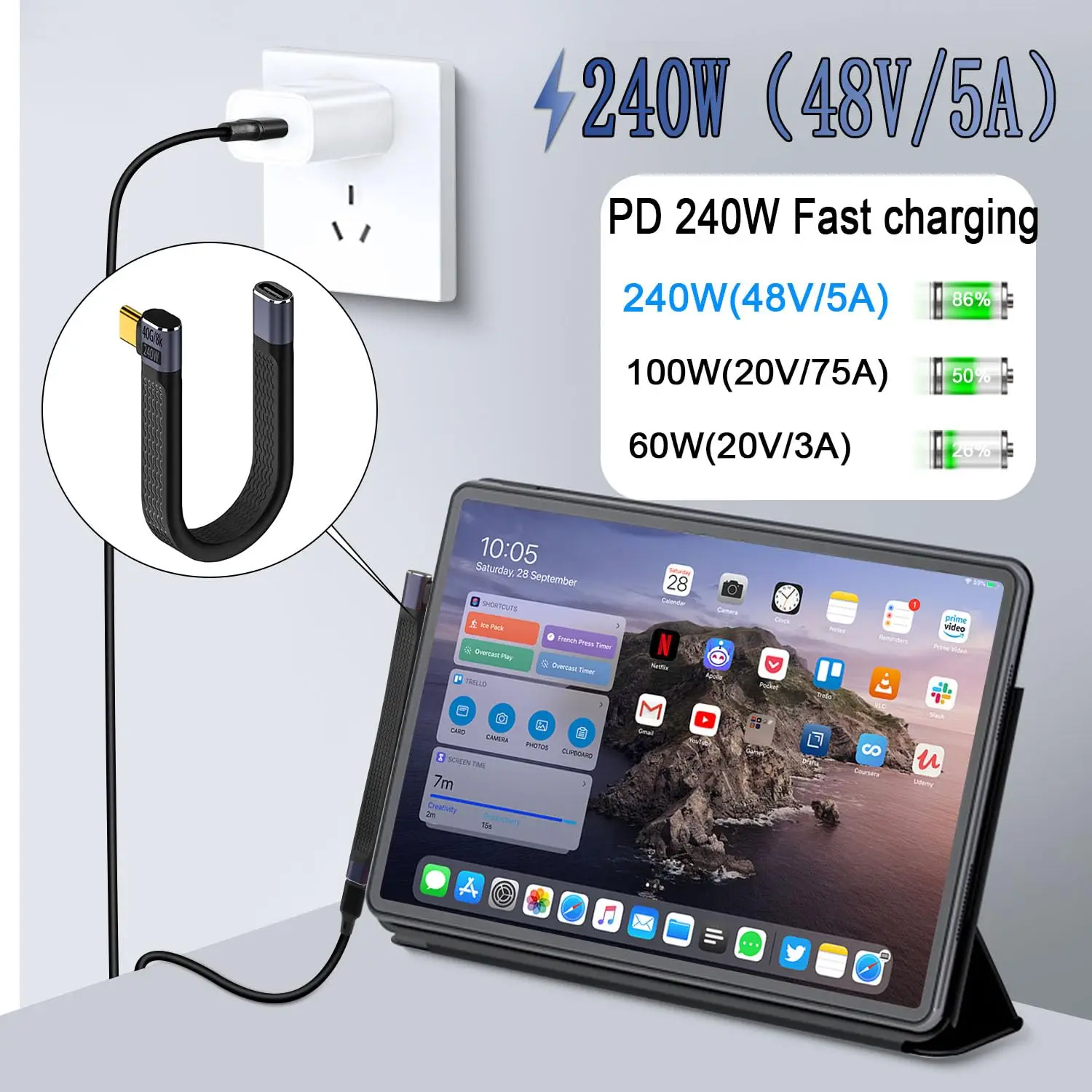 40Gbps USB4.0 C 암-수 90 ° 각도 짧은 케이블 240W 유형 C 4.0 소켓 - 직각 플러그 PD 고속 충전 연장 케이블