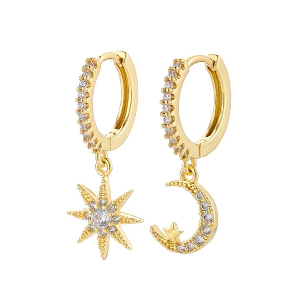 925 Sterling Silver Needle New Star/Moon Small Hoop Earrings for Women Exquisite Crystal Pendant Earrings Fashion Jewelry Gift