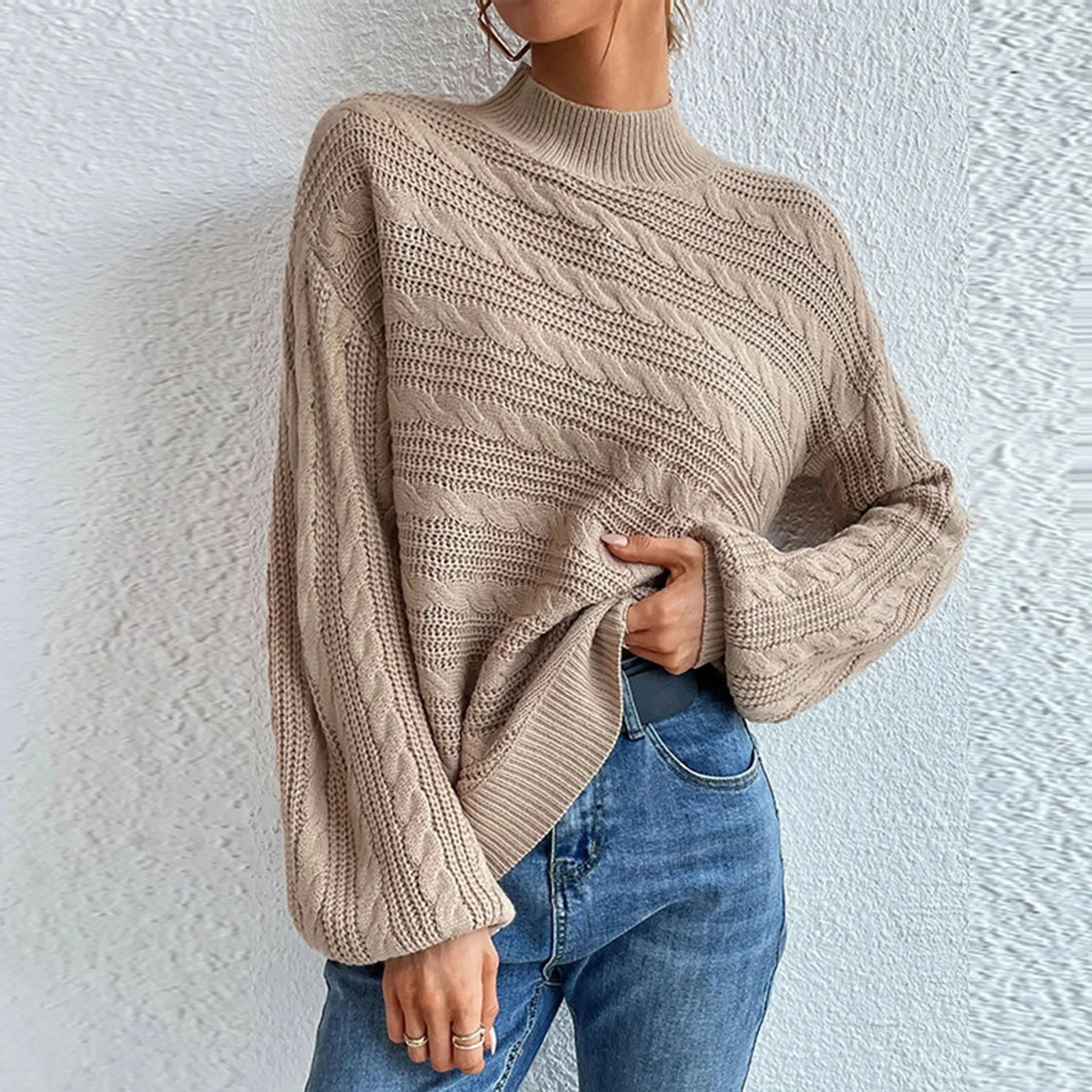 

Women's Sweaters Pullover Autumn Winter New Fashion Ladies Solid Color Sweater 2023 High Neck Twist Knit Long Sleevec Sweaters
