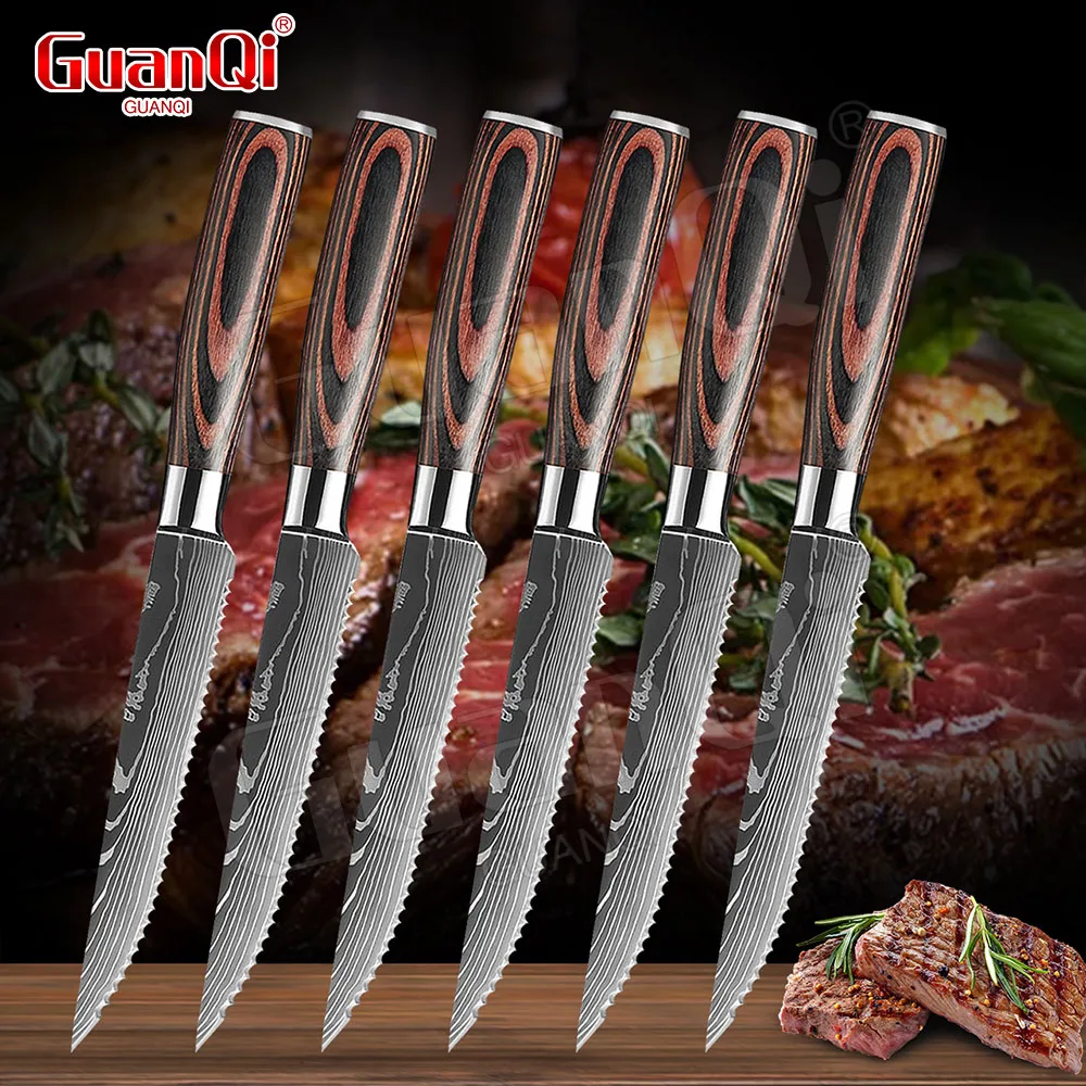 Ensemble de couteaux à steak à motif damas, acier inoxydable Queopaque,  couteau dentelé, manche en bois
