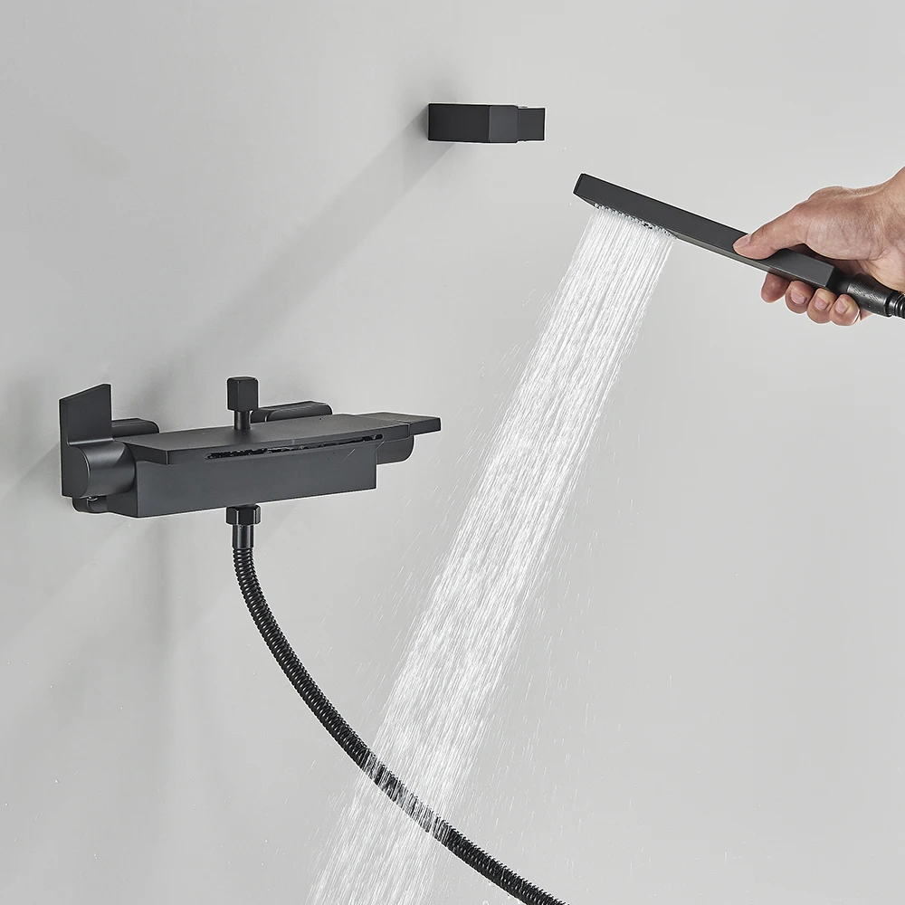 

Vidric Black Waterfall Bathtub Shower Faucets Cold Hot Mixer Tap Bath Shower Tap Wall Mount Concealed Tub Taps