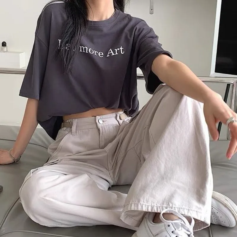 Deeptown Y2k Streetwear Women's Cargo Pants Vintage High Waist Pockets Baggy Sweatpants Casual Wide Leg Straight Trousers Hippie