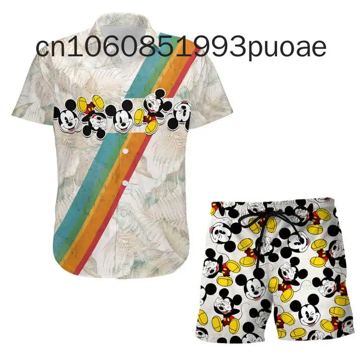 2024 New Mickey Mouse Summer Vacation Beach Hawaiian Shirt And Board Shorts Disney Fashion Short Sleeve Shirt Set 6