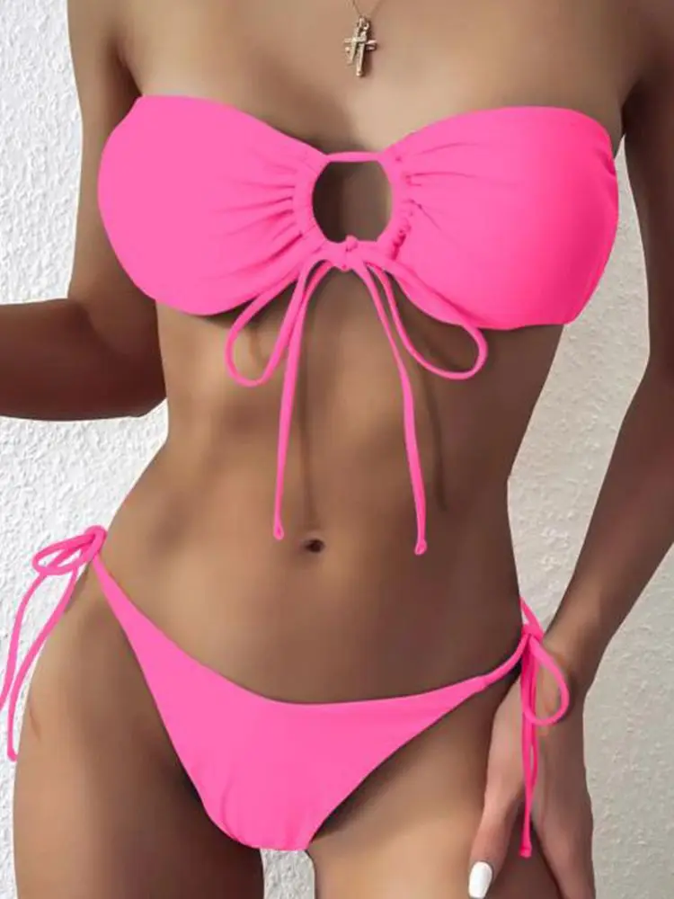 

Соблазнительное бикини-бандо 2021, розовый однотонный купальник, женский купальник, Женский комплект бикини со стрингами, купальный костюм для женщин
