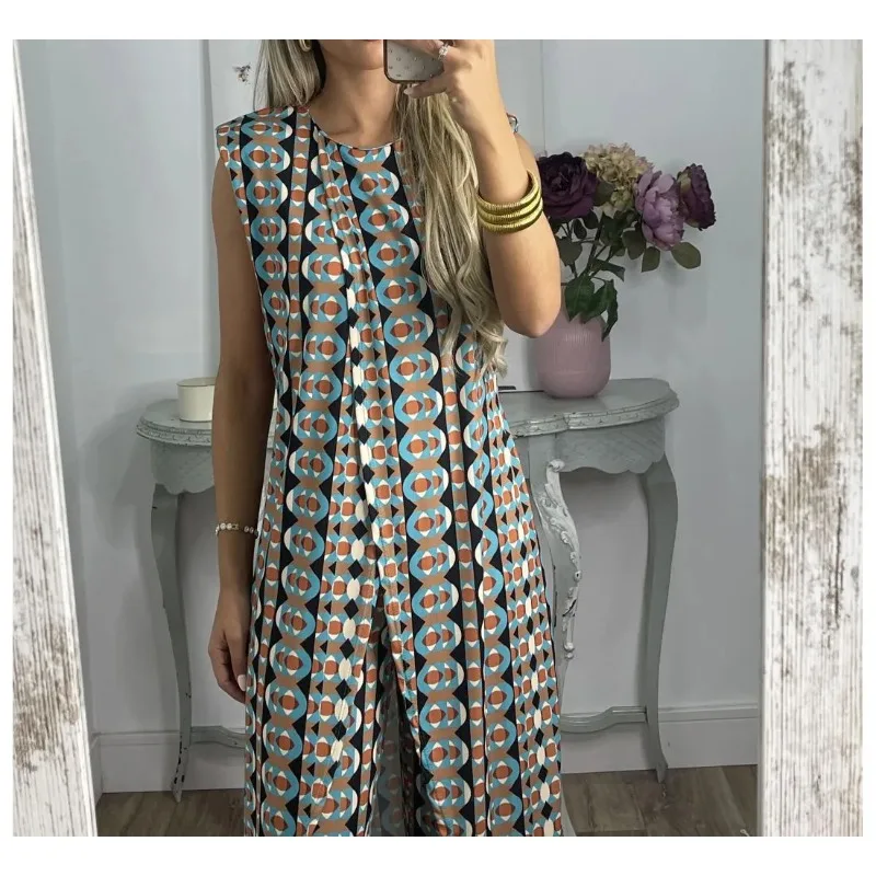 Women's Printed Round Neck Casual Sleeveless Top & Loose Pants Set Temperament Commuting Elegant Two Piece Suit Outfit for Women