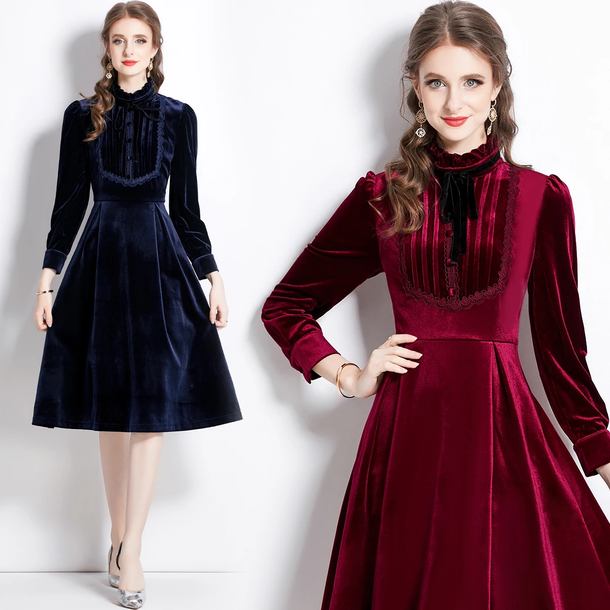 

JAMERARY Runway Solid Velvet Dress Women Autumn Winter Clothes Stand Laces Bow Fashion Work Office Midi Long Sleeve Vestidos