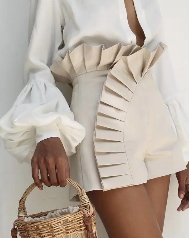 

Summer 2023 Ruffle Hem Ruched High Waist Shorts Polyester Above Knee Plain Daily Sexy Fashion Women's Short