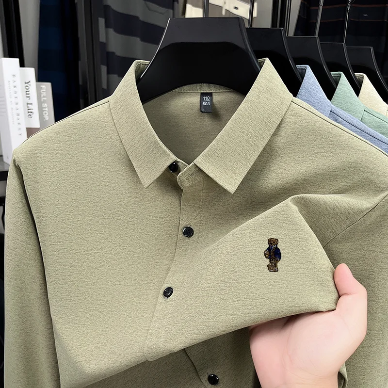 High-End Man Long-Sleeved Shirt Lapel Single-Breasted Bear Embroidery Spring New Shirt Fashion Versatile Leisure Men's Clothing