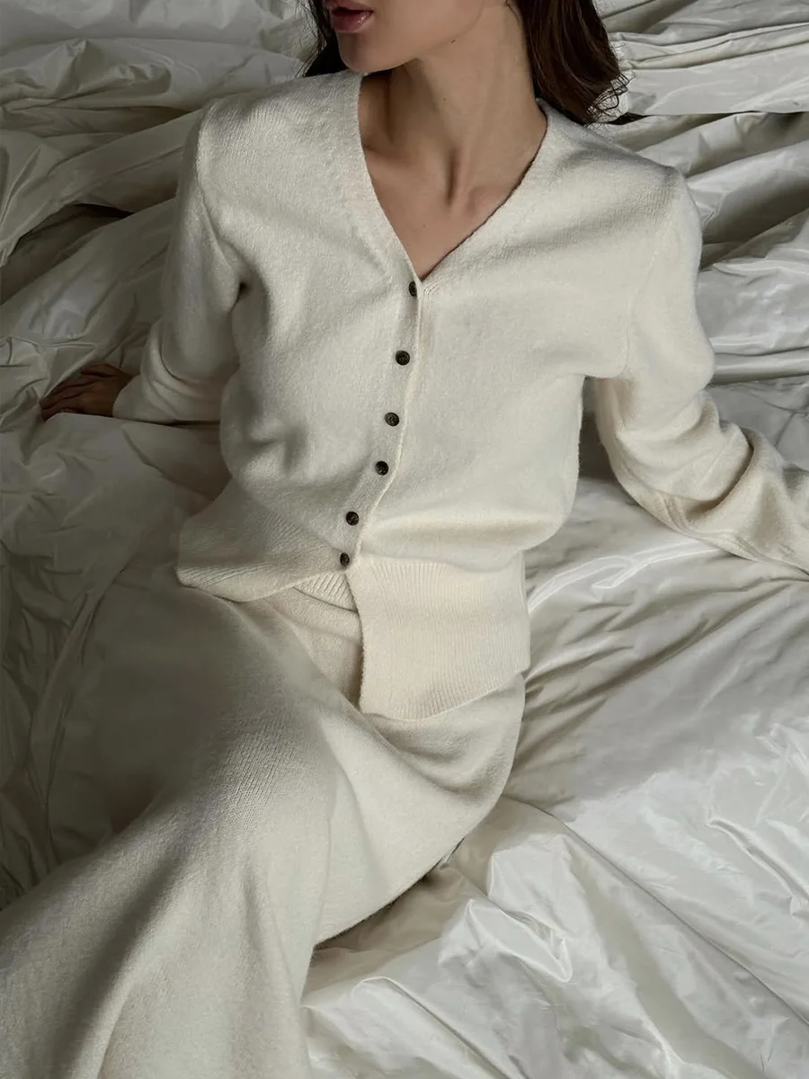 Hirsionsan Sexy Soft Elegant Vintage Women Suits 2 Pieces Female Sets Polo Neck Cardigan Sweater & Midi Dress Knitted TrackSuit Image 44