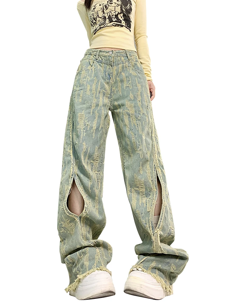 

Retro 90s Women's Holes Ripped Baggy Cargo Pants High Waist Wide Leg Denim Trousers Y2K Clothing Relaxed Fit Jeans Streetwear