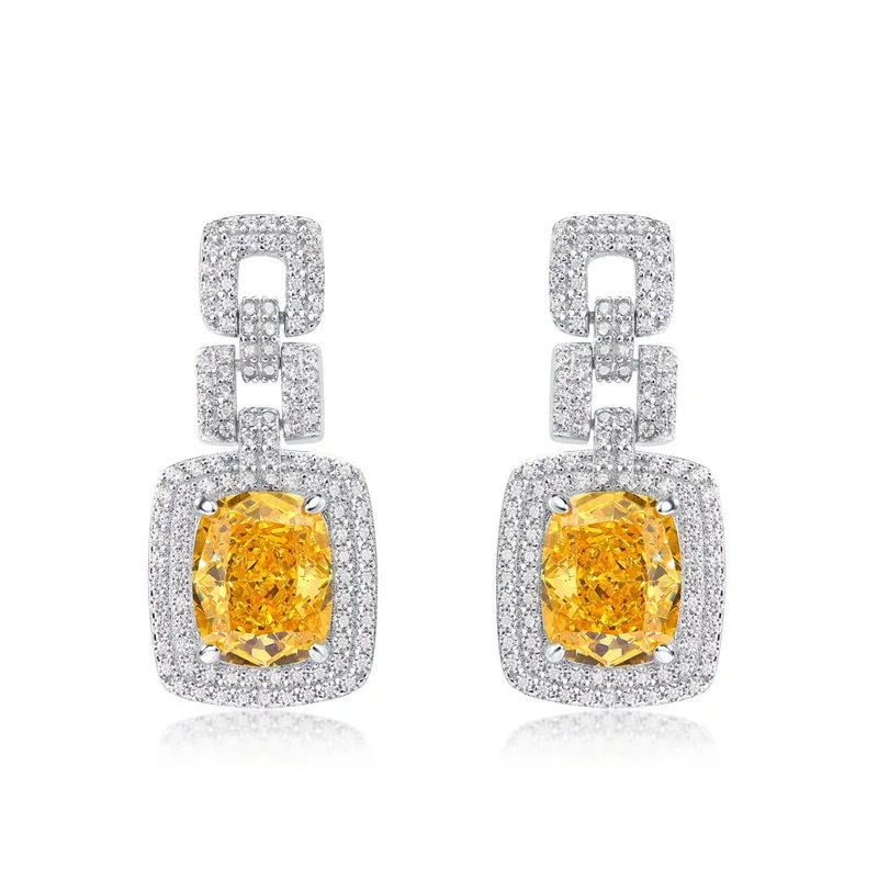 

ELSIEUNEE Luxury 925 Sterling Silver Citrine Simulated Moissanite diamonds Dangle drop Earrings Wedding Engagement Fine Jewelry