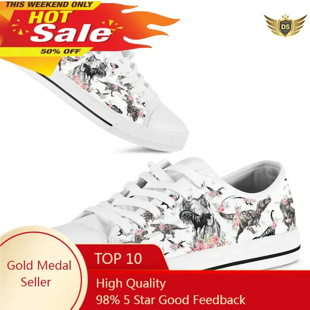 Sketch Dinasour T-rex Floral Summer Women Sneakers White Canvas Shoes Fashion Vulcanize Flats Ladies Female Sports Shoes