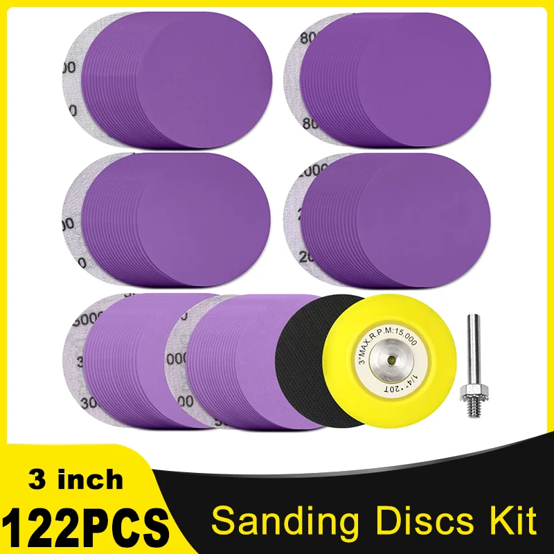 Sanding Discs Sandpaper Set 3 Inch Hook and Loop Sanding Discs Kit 122 Pcs Aluminum Assorted Grits 600-5000 for Wood Metal Grinding Automotive Polishing