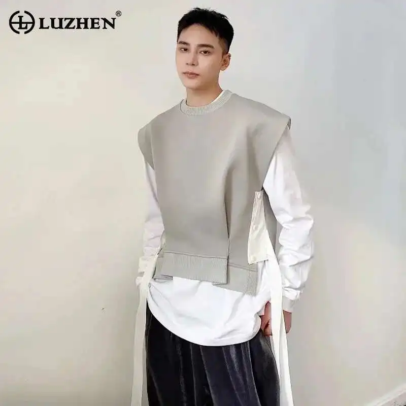 LUZHEN 주름 리본 패치워크 디자인 패션 민소매 조끼, 하이 스트리트 조끼, 오리지널 개성, 트렌디 남성, LZ2210, ..