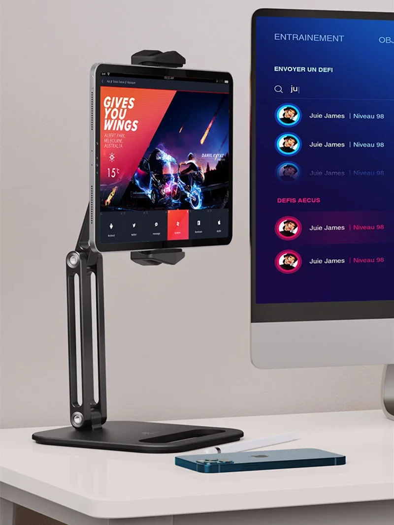 긴 팔 알루미늄 합금 태블릿 스탠드, 조절식 접이식 iPad 스탠드, 인체 공학적 360 ° 회전 태블릿 및 휴대폰 클램프 마운트 홀더